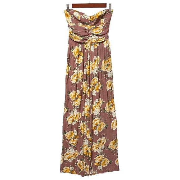 Band of Gypsies Mauve Floral Strapless Jumpsuit XS Boho Cottagecore Wide Leg - Picture 1 of 5